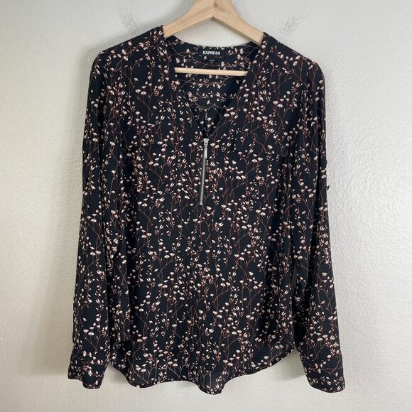 Express Womens Small Floral Zip Front Blouse Roll Tab Sleeve Shirt V Neck - Picture 1 of 8
